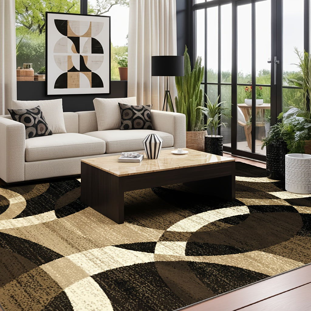 1pc Extra Large Luxury Mat - Black, Golden, Beige Modern Geometric Pattern Large Area Mat - Plush Soft Polyester Fiber Mat for Living Room, Bedroom, Kitchen - Machine Washable & Non-Slip Backing - Elegant Home Decor in Black,