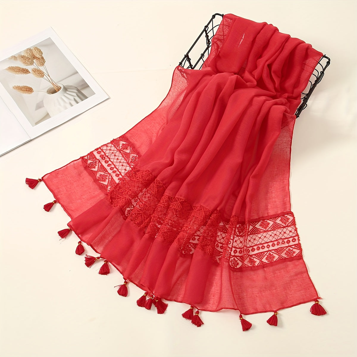 [Elegant Scarf] Elegant Embroidery Hollow Lace Tassel Scarf | Fashion Casual Cold Weather Scarves Wraps For Women for eid