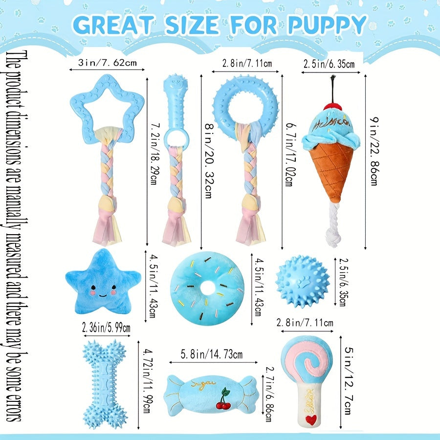 Durable 10pcs Dog Chew Toys Set - Interactive Puppy Teething Toys with Non-Toxic Rubber, Plush and Plastic - Teeth Cleaning, Boredom Busting for Small Breeds
