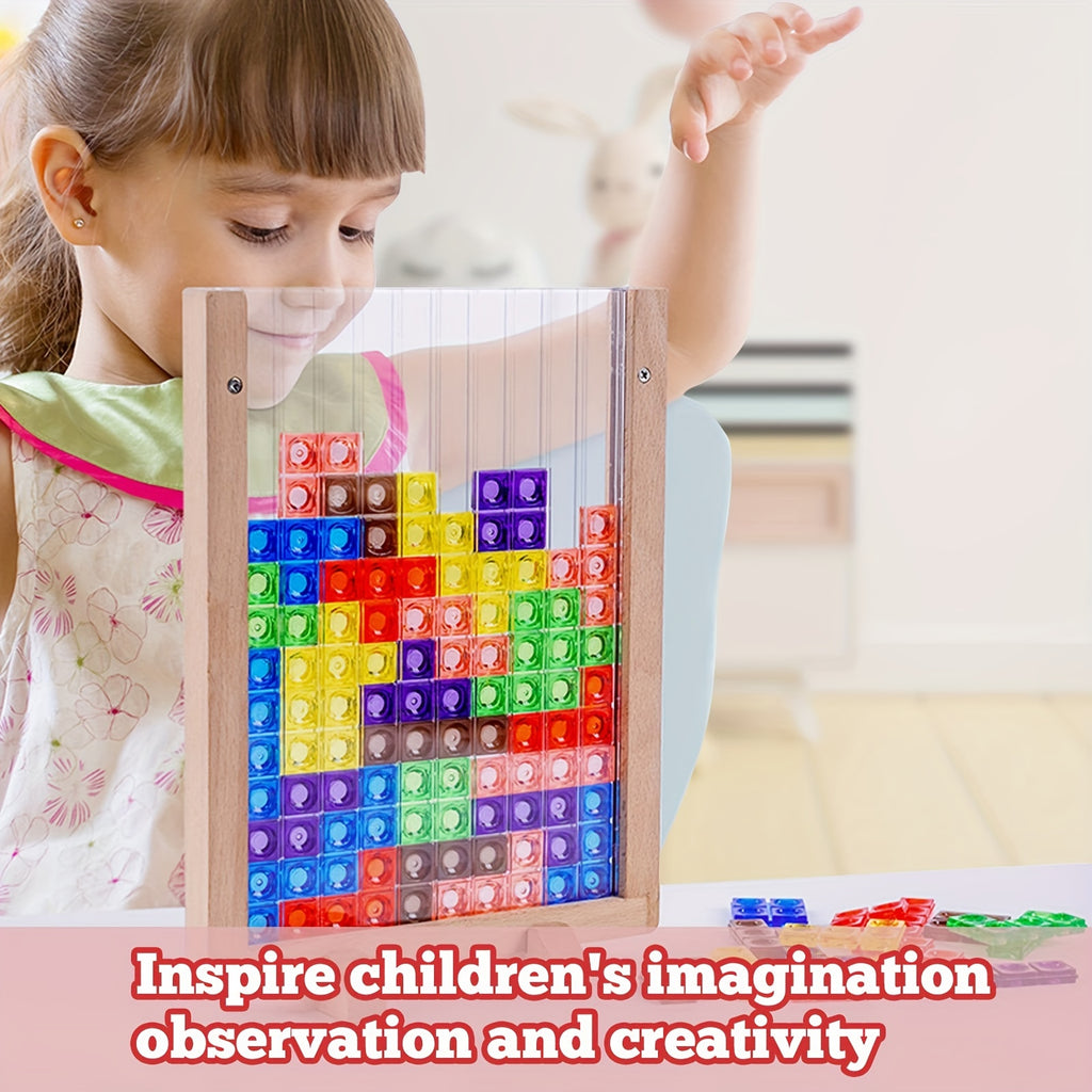 Wooden Blocks Puzzle Brain Teasers Toy, Intelligent Colorful 3D Plastic Blocks Game With Vertical Wood Frame Game Board, Tangram Educational Toys Gift For Kids Age 3+