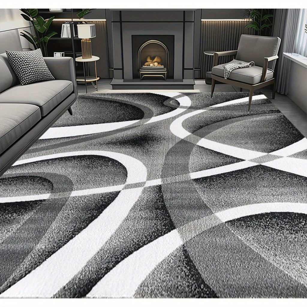 1pc 100% Polyester Modern Abstract Geometric Area Mat - Non-Slip, Machine Washable, Soft Black White Design, Perfect for Living Room, Bedroom, or Kitchen Decor, Rugs for Living Room