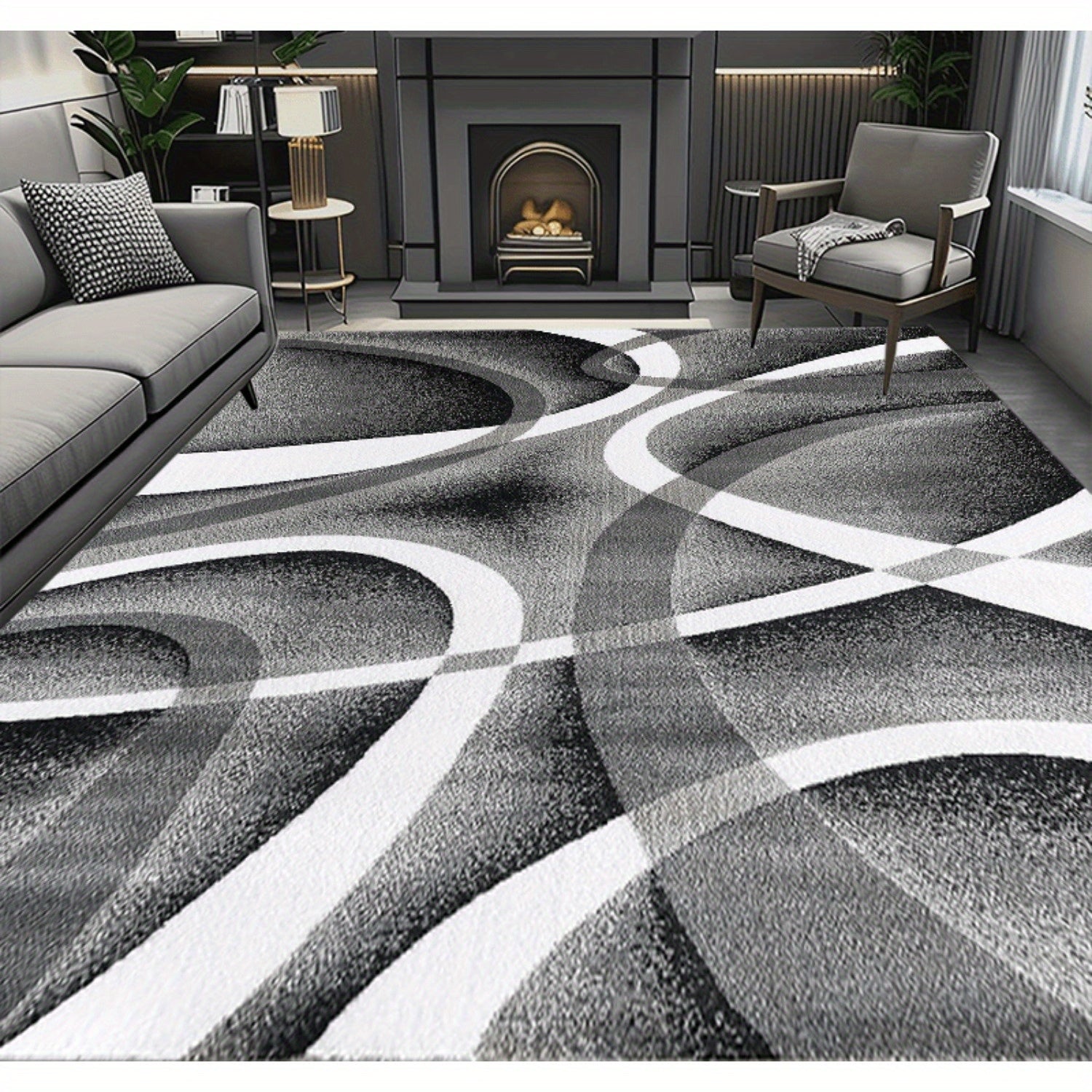 1pc 100% Polyester Modern Abstract Geometric Area Mat - Non-Slip, Machine Washable, Soft Black White Design, Perfect for Living Room, Bedroom, or Kitchen Decor, Rugs for Living Room