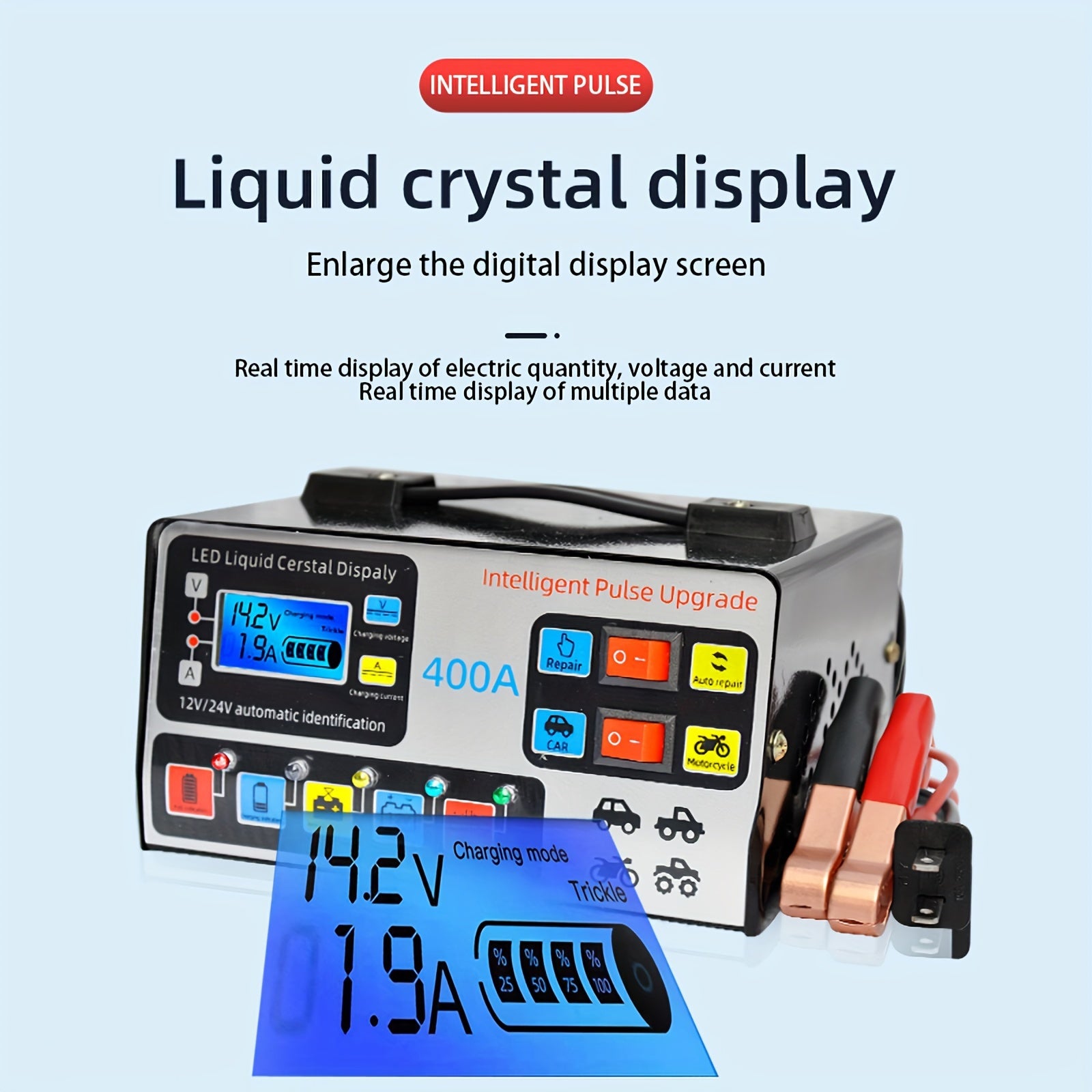 24V/12V Intelligent Motorcycle Battery Charger - Automotive Battery Charger with Pure Copper Construction, Automatic Repair, and Multi-Protection Functions - Fast, Safe, and Reliable Charging Solution