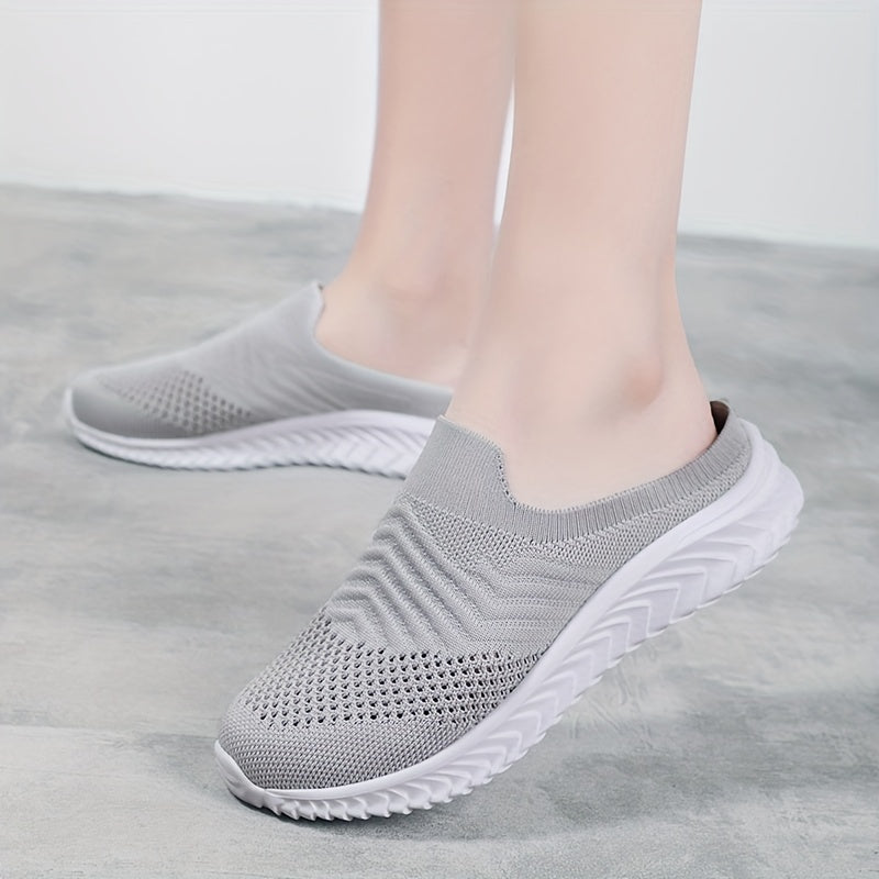 Women's Solid Color Knit Sneakers, Breathable Closed Toe Slip On Slippers, Casual Walking Mules