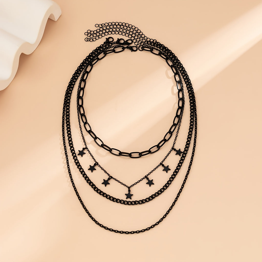 4pcs Gothic Black Star Element Pendant Tassel Hip Hop  Chain Necklace Set Party Jewelry for Women.Kpop style jewelry.