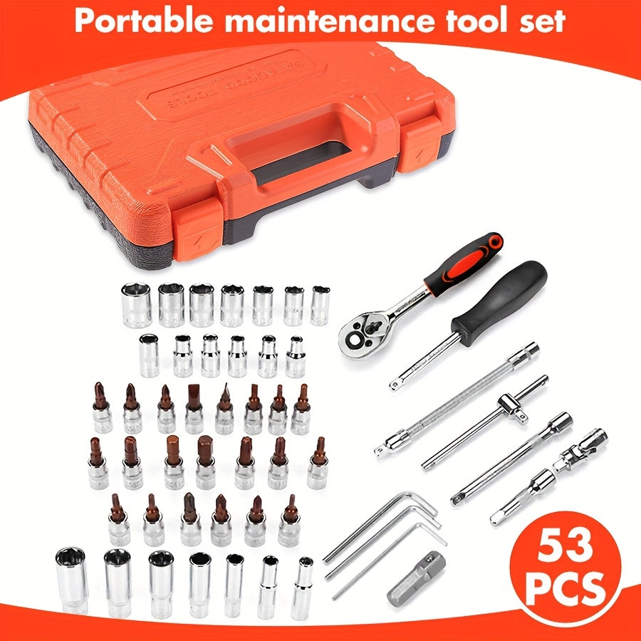 A Collection of 53 Mechanical Tool Kits, Including 1/2" And 1/4" Drive Depth And Standard Sockets, Ergonomic Handles, Ratchet Wrenches,