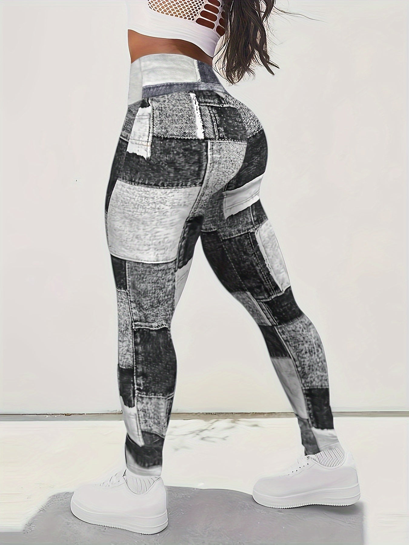 Yoga Fitness Leggings, Plaid Panel Denim Print High Waist Sports Pants, Women's Activewear