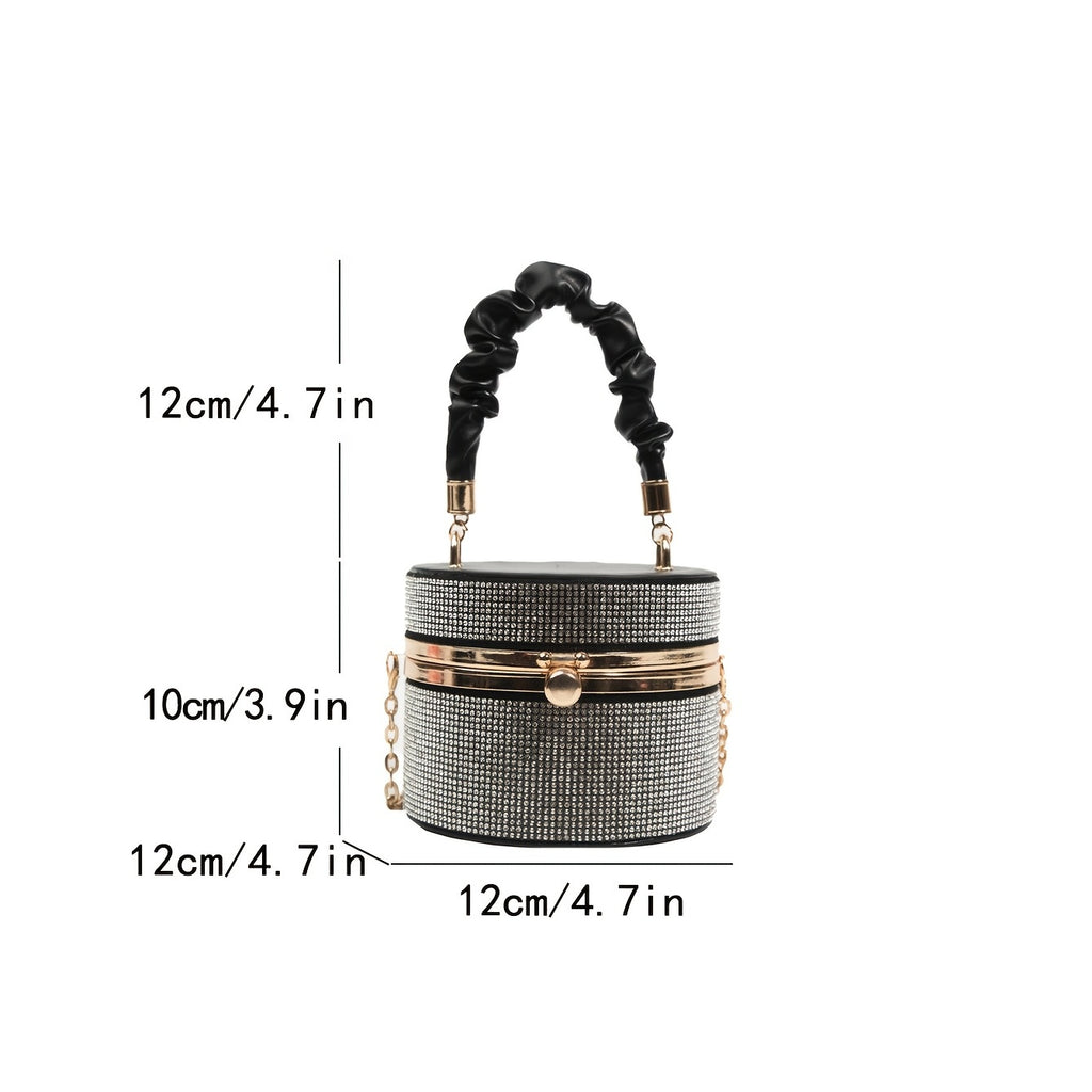Mini Allover Rhinestone Handbag, Ruched Detail Evening Bucket Bag,