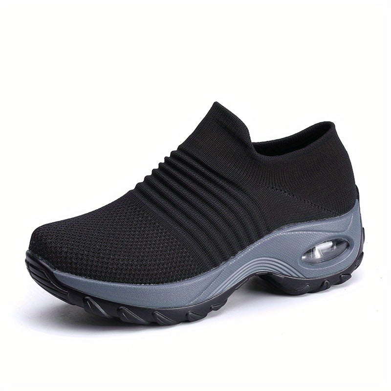 Women'S Air Cushion Sole Sneakers, Lightweight Knit Slip on Shoes, Breathable Running Shoes