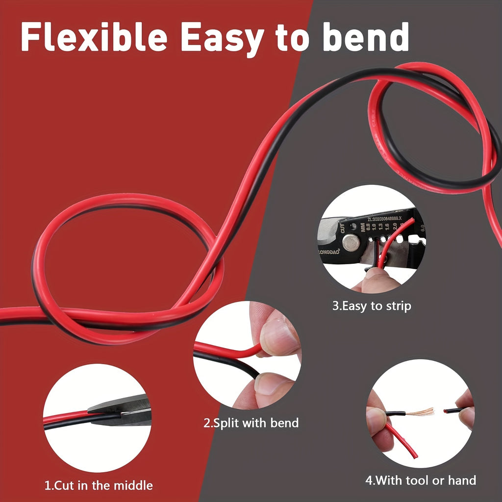 1pc 12 Gauge Twin Conductor Wire, 110V/220V Metal Electrical Cable, Red and Black PVC Insulated Copper Clad Aluminum Extension Cord for High Powered Speakers, LED, Automotive - No Battery Required