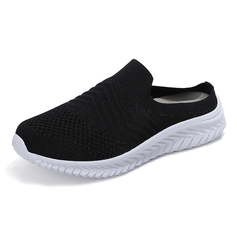 Women's Solid Color Knit Sneakers, Breathable Closed Toe Slip On Slippers, Casual Walking Mules