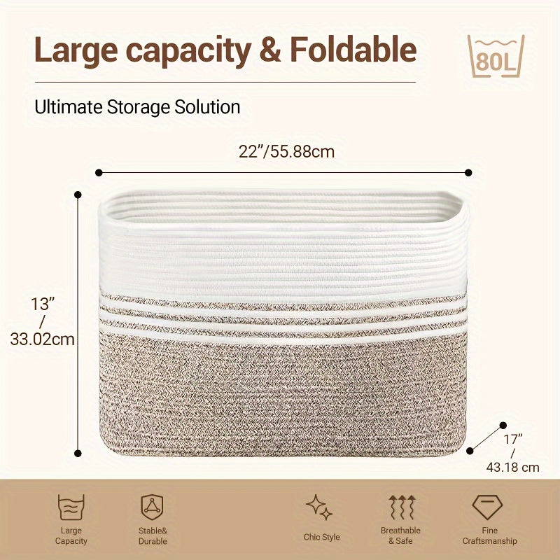 Sowyem Large Blanket Basket, Woven Basket For Storage Rectangle Dirty Clothes Basket For Laundry