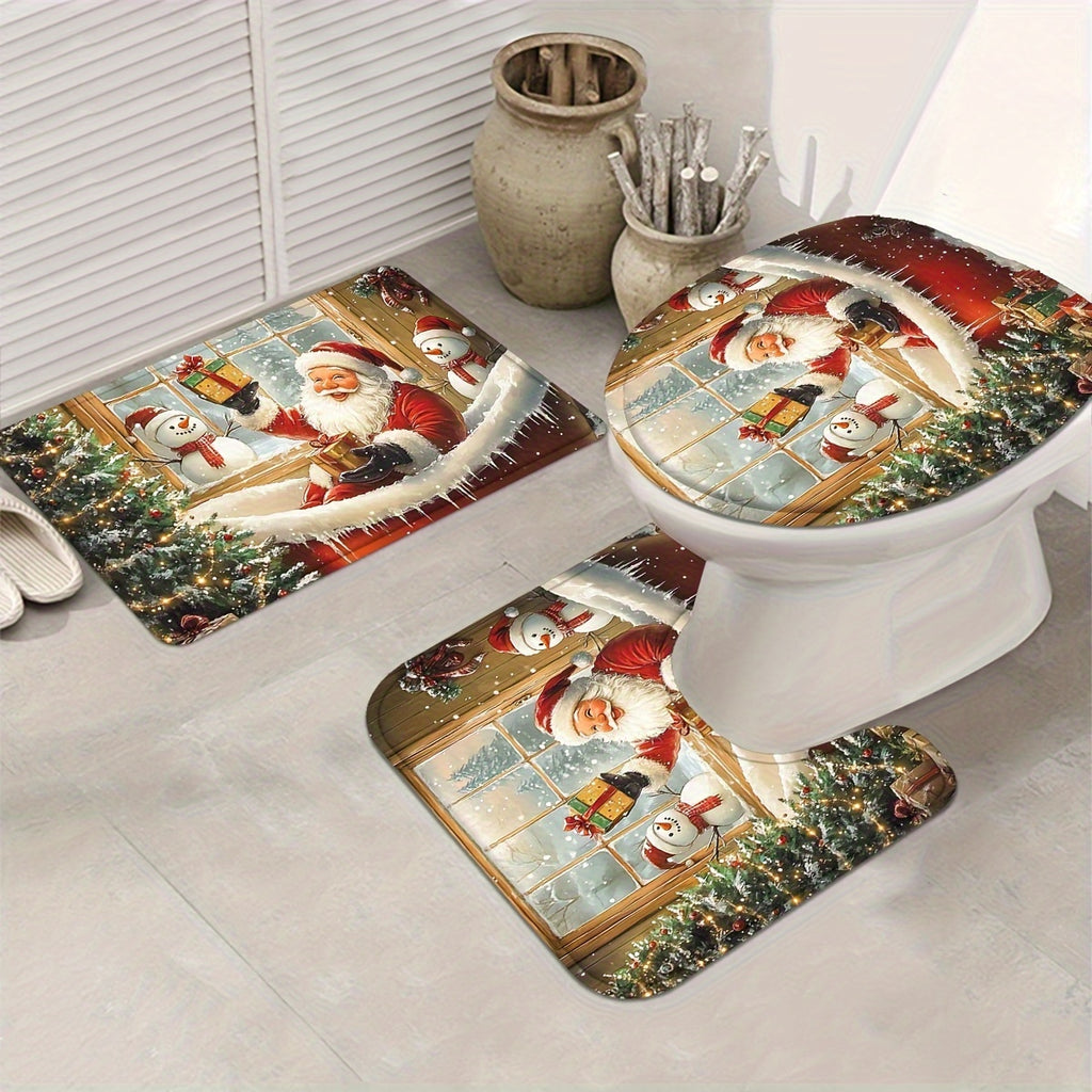 4pcs Red Christmas Santa Claus Shower Curtain Set, Curtain Set with Non-Slip Rugs, Toilet U-Shape Mat, Toilet Seat Cover, Machine Washable Curtain Set with 12 Hooks, Funny Christmas Santa with Snowman And Tree Shower Curtain