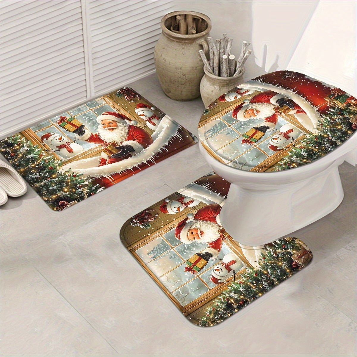 4pcs Red Christmas Santa Claus Shower Curtain Set, Curtain Set with Non-Slip Rugs, Toilet U-Shape Mat, Toilet Seat Cover, Machine Washable Curtain Set with 12 Hooks, Funny Christmas Santa with Snowman And Tree Shower Curtain