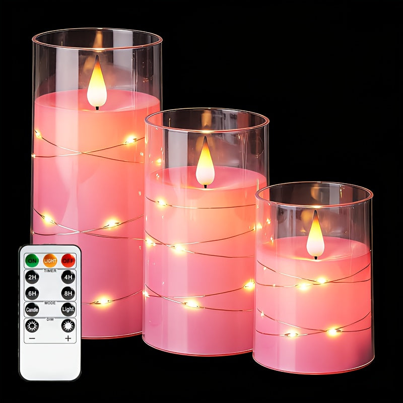 [Romantic Flameless LED Candles] 3pcs Realistic Flameless LED Candles with Remote & String Lights - 2D Flat, Battery Operated Flameless Candle Lights, Pink Table Centerpieces for Wedding, Christmas, Valentine's, Party Decor -