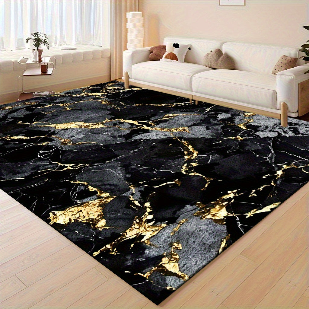 Velvet Area Mat with Luxurious Black and Golden Marble Pattern – Soft, Thick, Non-Slip, Machine Washable for Living Room or Bedroom Decor, Lightweight Polyester Fiber, Rectangular Shape, Perfect for Holidays like Christmas