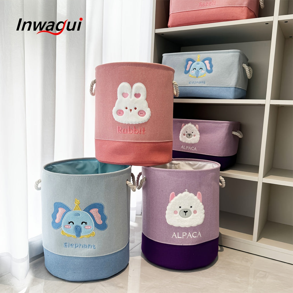 Inwagui Animal-Themed Foldable Storage Basket - Thick Fabric, Elephant, Rabbit & Alpaca Designs with Handles for Clothes, Toys, Books Organizer - Modern Home Decor, for Spring