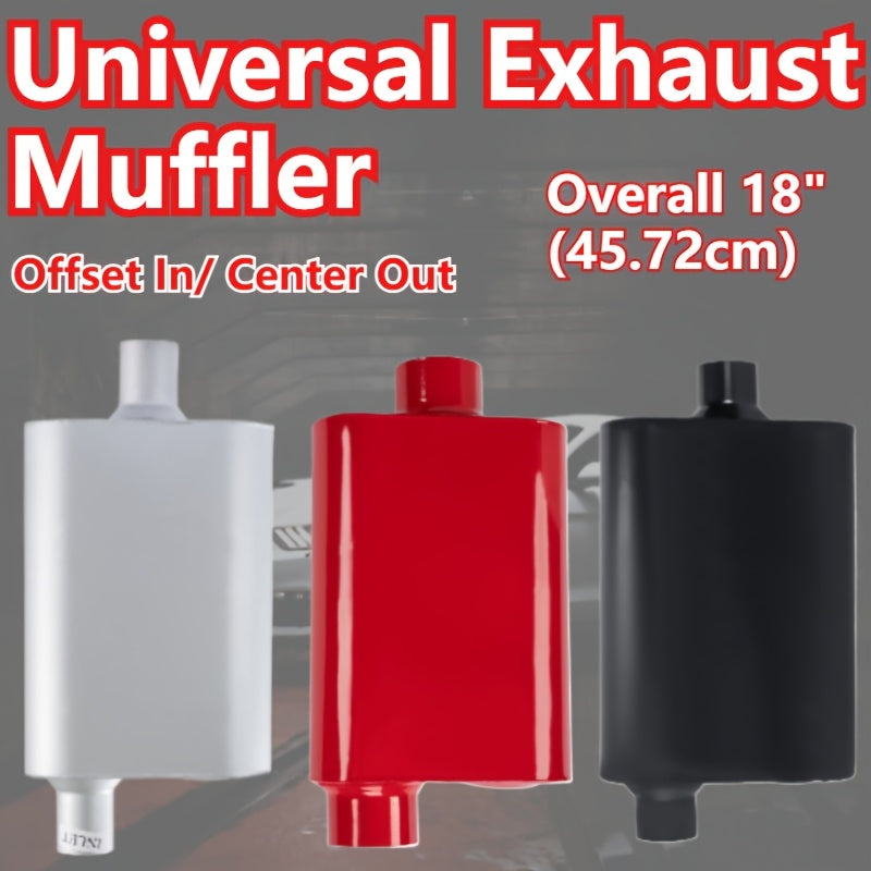 Universal Mufflers Dual Chamber, Offset Inlet Center Outlet.Performance Automotive Muffler Exhaust. 2 Chamber Performance Race Muffler Resonator Anti-corrosive 18" Overall (Silver & Black & Red)