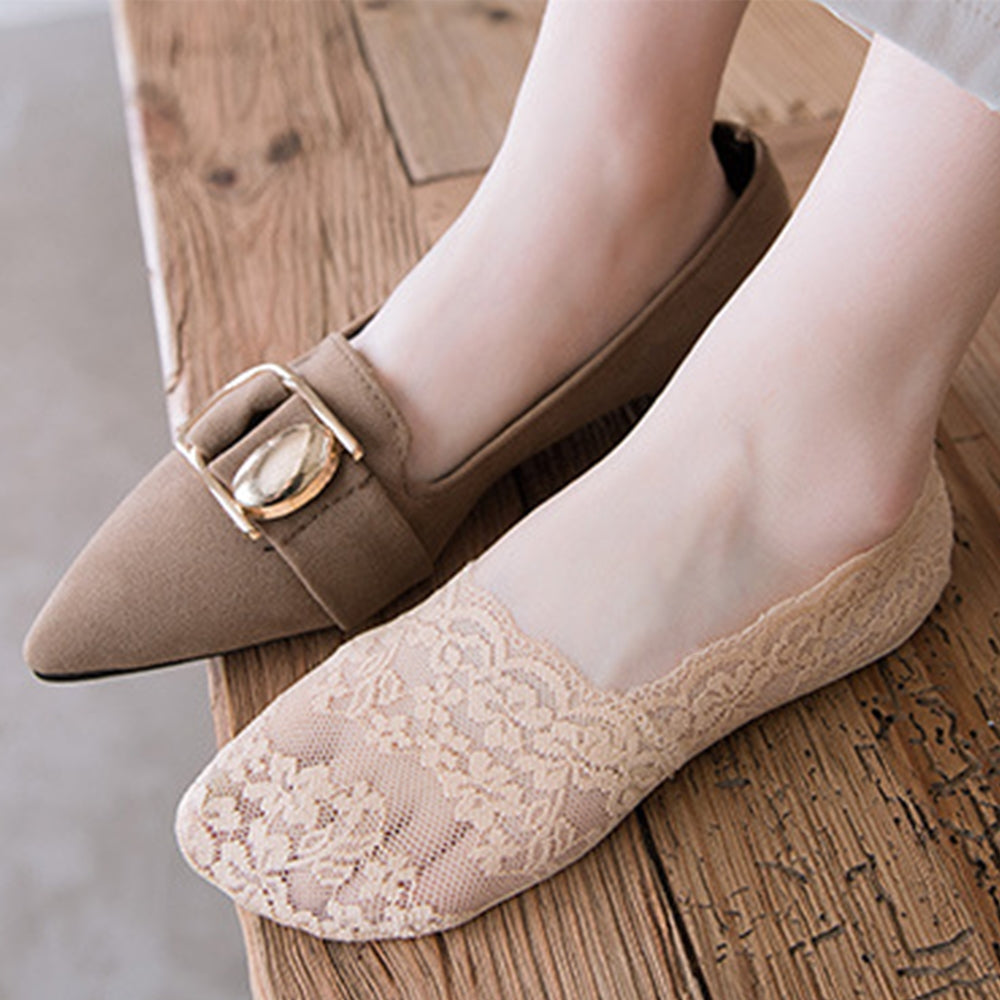 [Breathable Ankle Socks] 5 Pairs Women's Lace Trim No-Show Ankle Socks | Breathable Fabric, Floral & Solid Color Options, Low-Cut Invisible Socks for Casual & Formal Wear