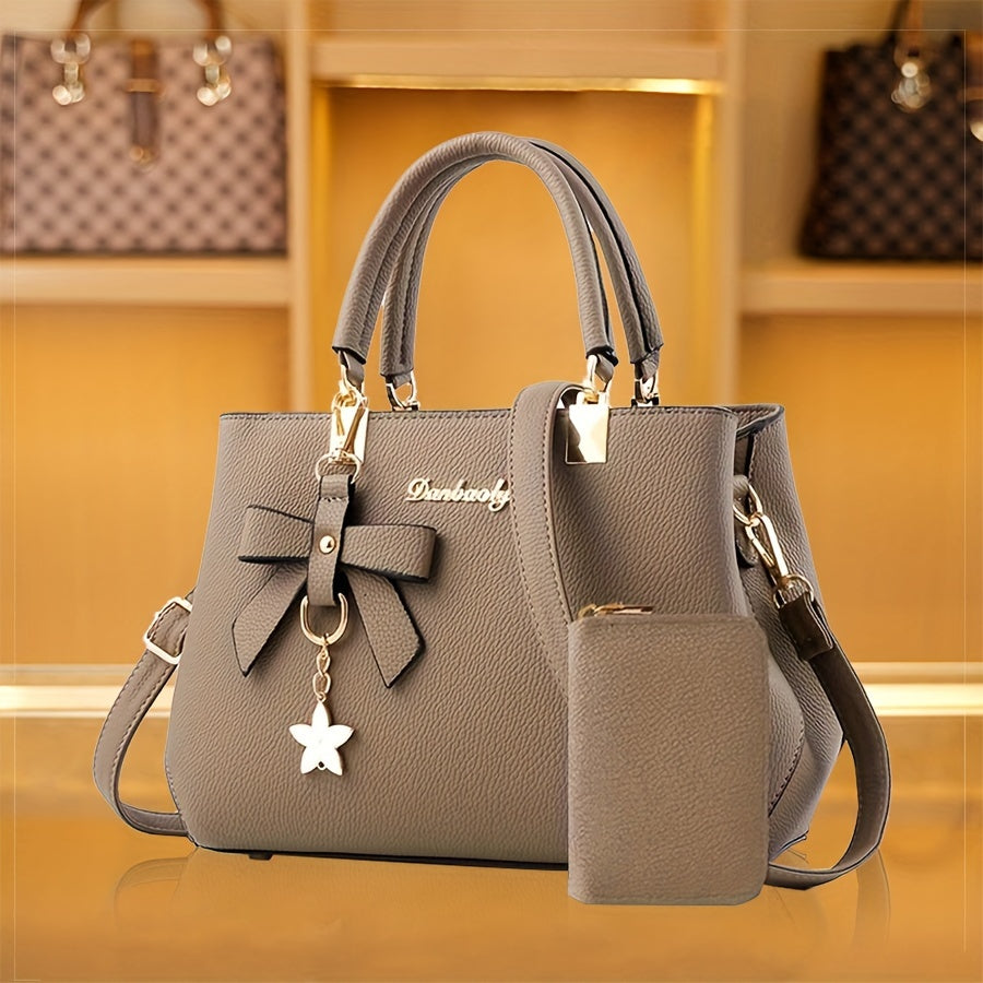 Chic Bow Decor Handbag for Women with Coin Purse, Adjustable Strap,