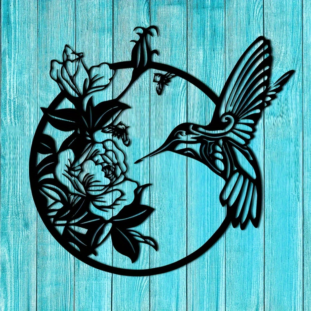 1pc Exquisite Hummingbird Metal Art Deco Wall Decoration - 3D Rustic Black Circular Bird & Floral Design with Intricate Details - Ideal Indoor Outdoor Garden Home Decor Accent