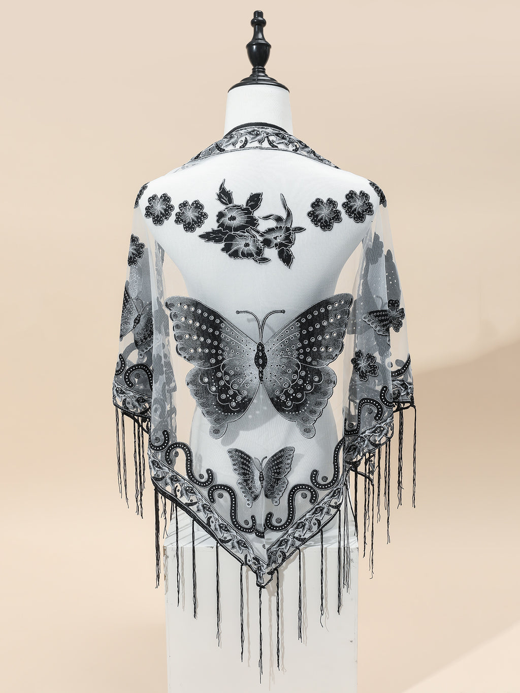 [Elegant Scarf] Elegant Breathable Triangle Scarf - 29.5"×55.1" Butterfly Flower Embroidery Lace Tassel Shawl Windproof Wrap Outdoor Accessories