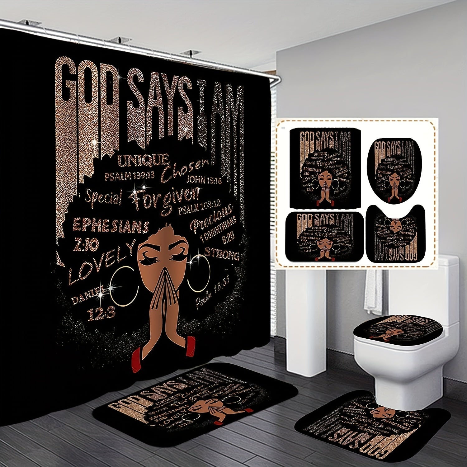 4pcs Sets Rugs Shower Curtain, Black Girl Pattern Shower Curtain With Hooks, Non-Slip Rug, Toilet U-Shape Mat, Toilet Lid Cover Pad