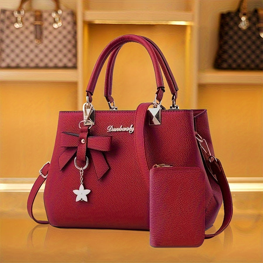Chic Bow Decor Handbag for Women with Coin Purse, Adjustable Strap,