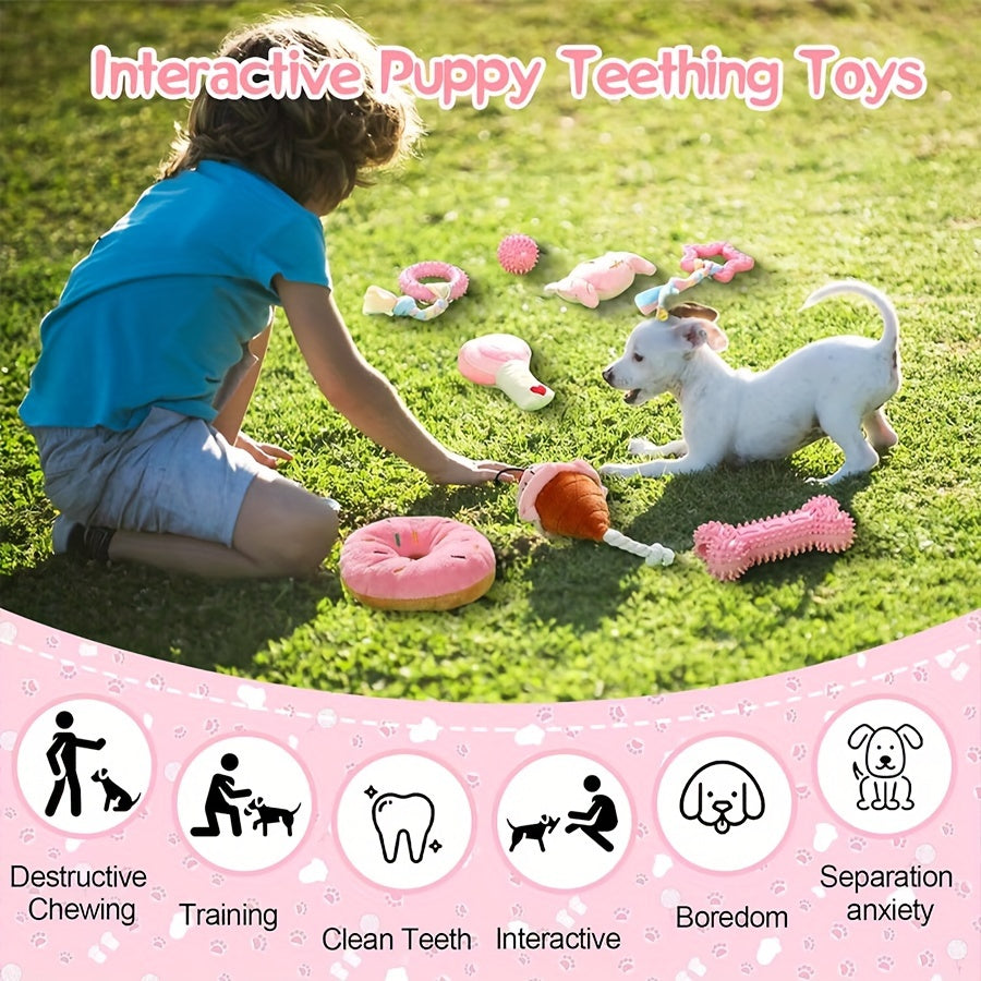 Durable 10pcs Dog Chew Toys Set - Interactive Puppy Teething Toys with Non-Toxic Rubber, Plush and Plastic - Teeth Cleaning, Boredom Busting for Small Breeds