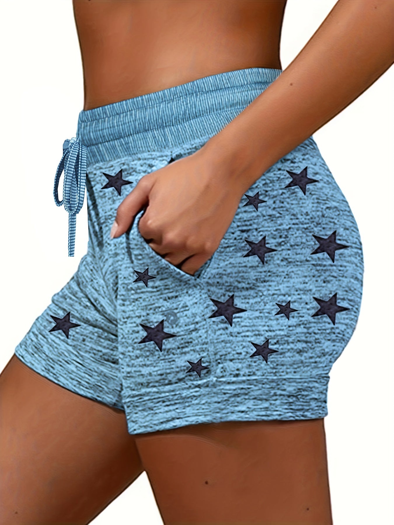 Plus Size Casual Leggings, Women's Plus Star Print Elastic Drawstring Medium Stretch Sports Shorts