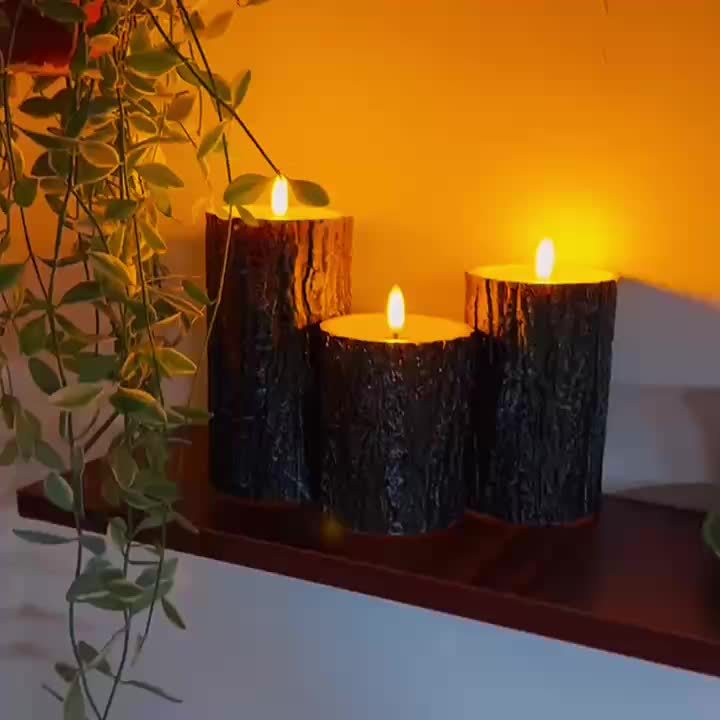 3pcs Rustic Wooden Flameless Candle Set - Artificial Tree Design, Battery Operated, Festive Tabletop Decor for Wedding, Easter, Mother'S Day, Fireplace Mantel, No Battery Included, Seasonal Celebration Decor | Natural Wood Fi