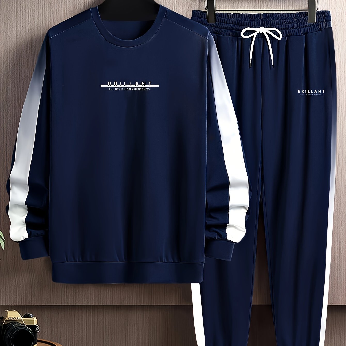 Plus Size Men's Contrast Color Sweatshirt & Sweatpants Set For Spring/autumn, Sports/outdoor Casual 2Pcs Outfits For Males, Men's Clothing