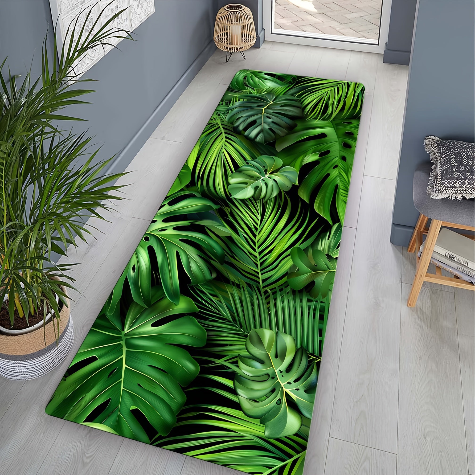 Two Additional Non-Slip Mats with a Green Leaf Pattern, Soft And Suitable for Living Rooms And Kitchens, They Are Woven Polyester Rugs, Hand Wash Only, Rectangular, Weighing 480Gsm, And 0.39inch Thick