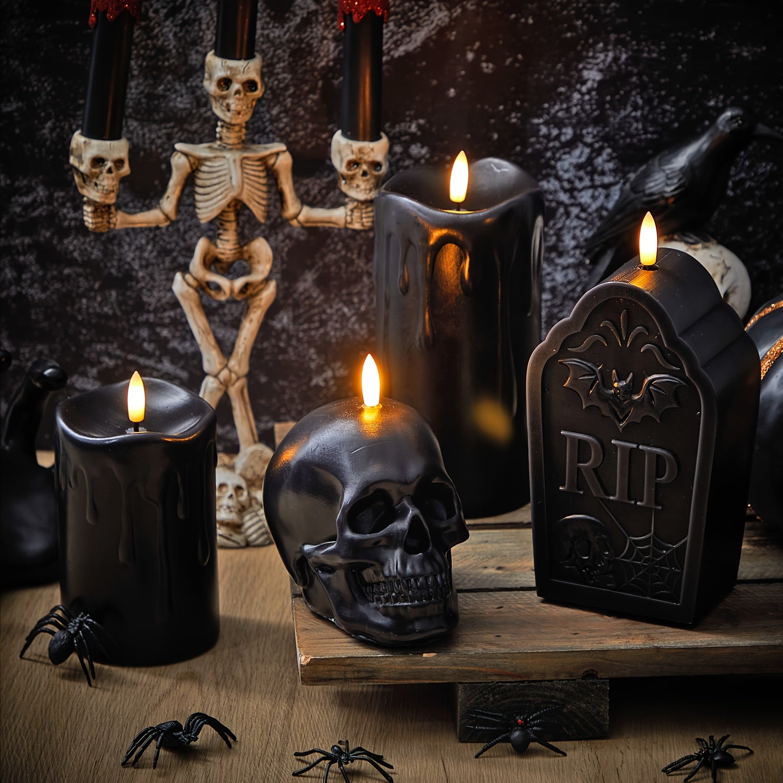 4 Set Black Wax Flameless Halloween Tombstone Rip Skull Pillar Real Wax Dripping Black Flame Gothic Candles For Halloween Party Home Decor