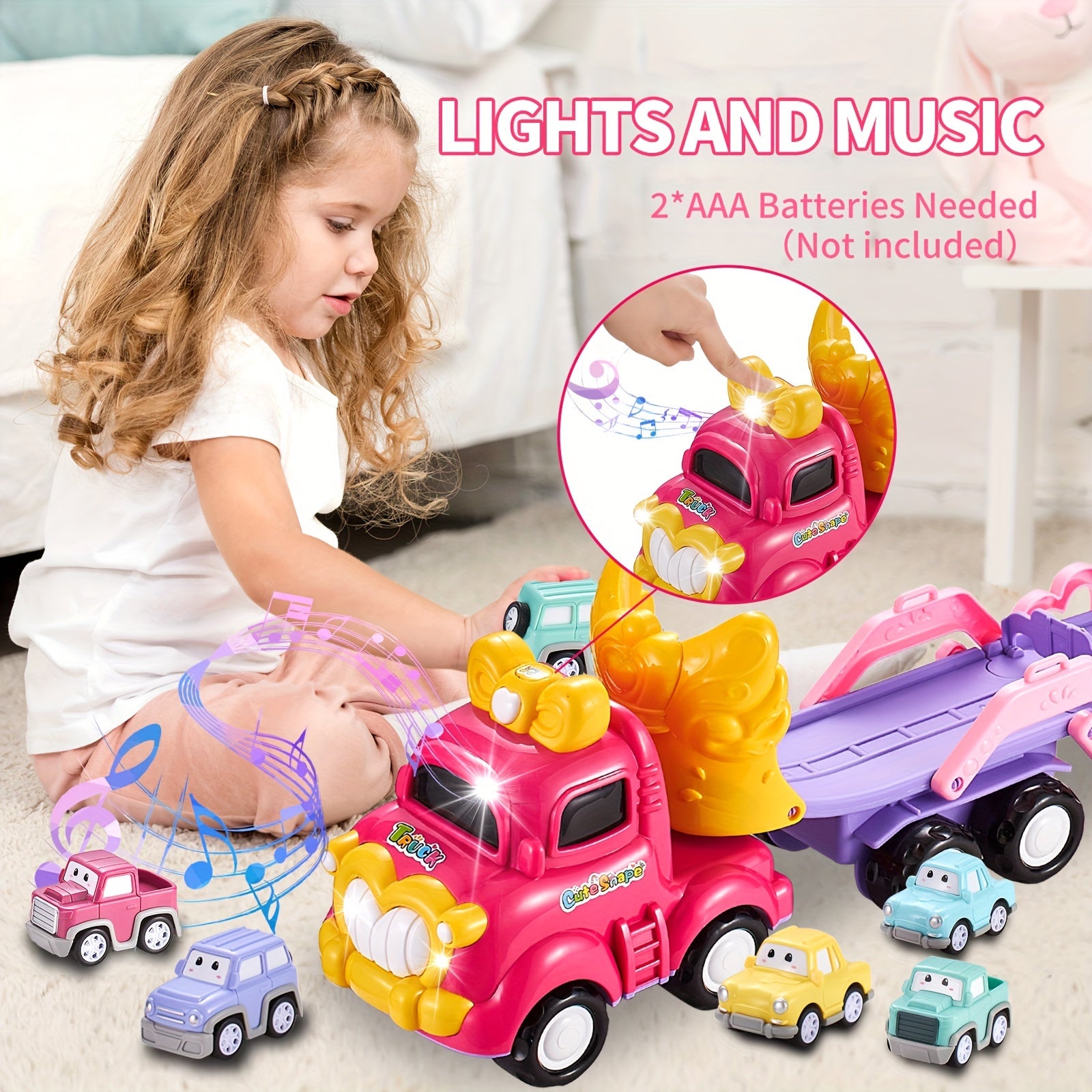 Toddler Car Toys 7-in-1 Pink Princess Foldable Transport Carrier Trucks For Baby | Lights & Music | 3 Layer Transformable Carriage Set | (Bowknot)