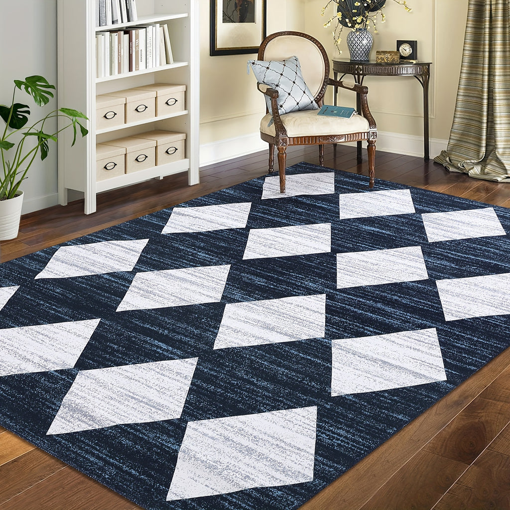 1 pc Geometric Living Room Rugs Modern Trellis Carpet Washable Rugs Distressed Bedroom Rug Large Area Rug Moroccan Office Rug Meline Checkered Rug, Dark Blue