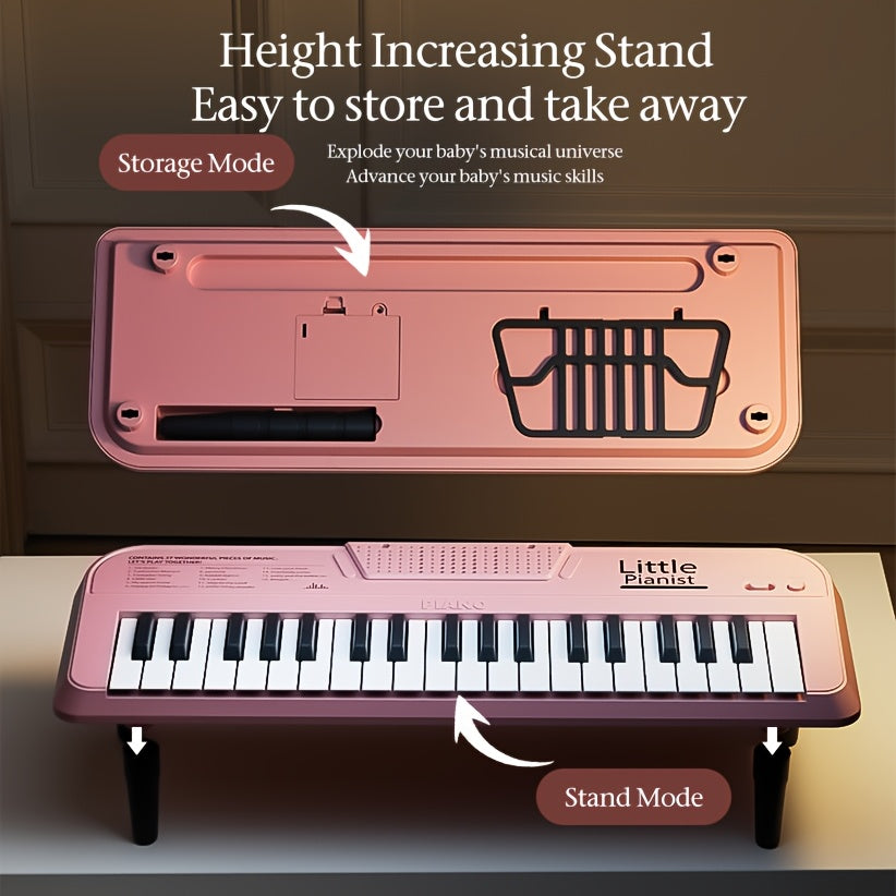 Youngsters Piano Keyboard Toys, 37 Keys Youngsters Piano Music Instruments Toy with Microphone, Pink Blue Piano Multipie Sounds, Stickers, Birthday Gifts for Boys and Girls