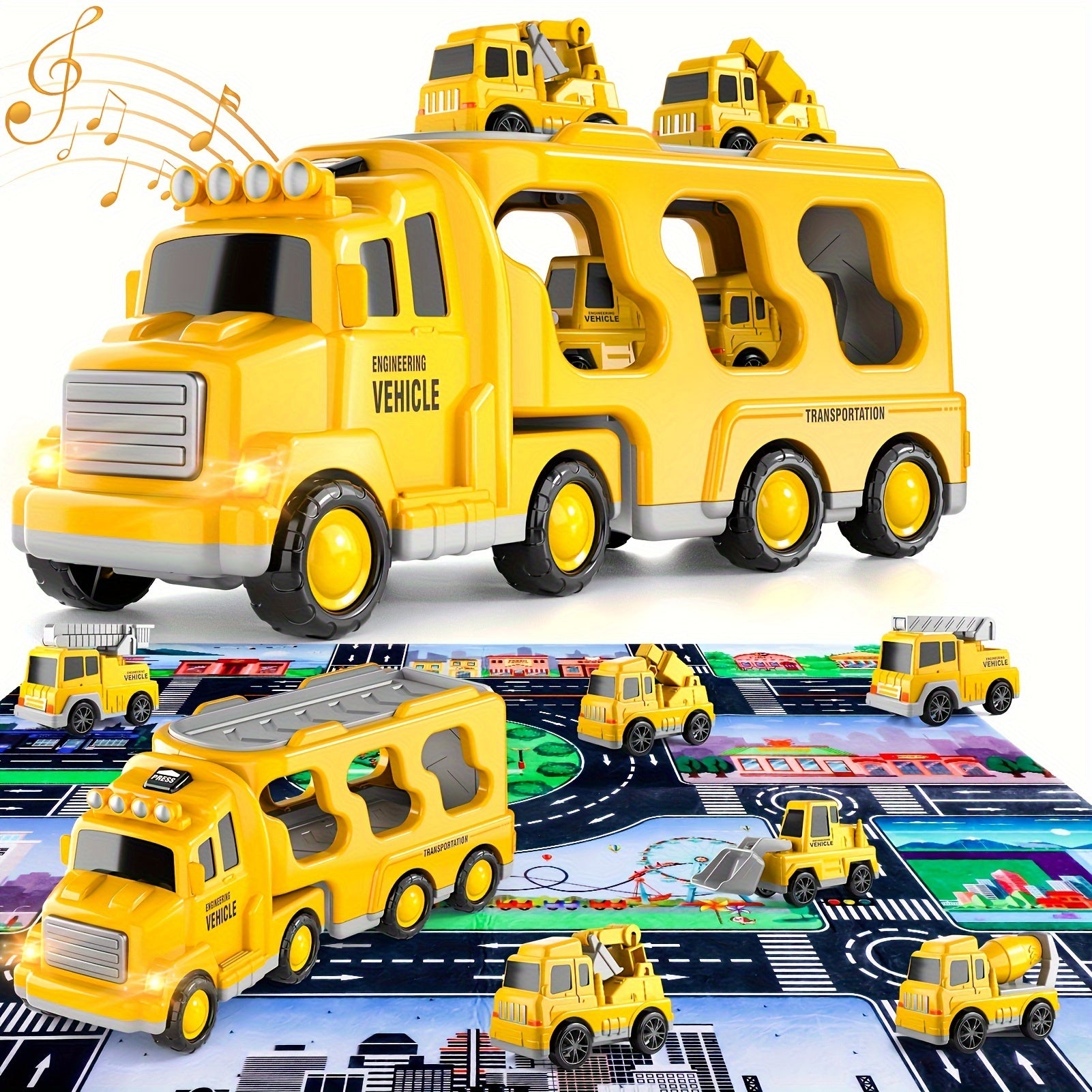 Kids Car Toys, 7 In 1 Construction Car Trucks Playset With Play Mat & Accessories, Birthday Halloween Christmas Gifts For Kids Boys Girls