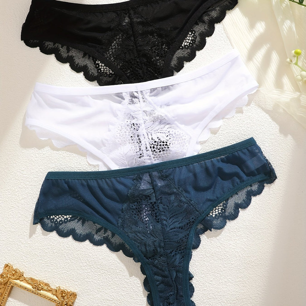 [Soft Lace, Elegant Thongs] 3pcs Women's Soft Lace Elegant Thongs