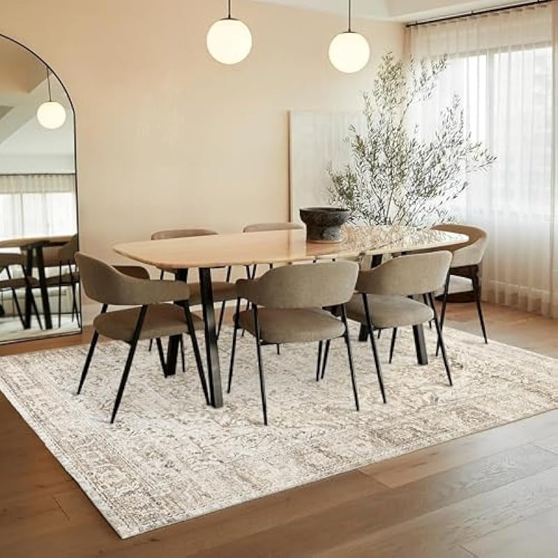 Boho Neutral Living Room Rug 5x7Washable Vintage Rustic Earth Tone Modern Farmhouse Style Easy to Clean Stain Resistant Area Rugs for Bedroom Dining Room Light Tan Brown and Beige