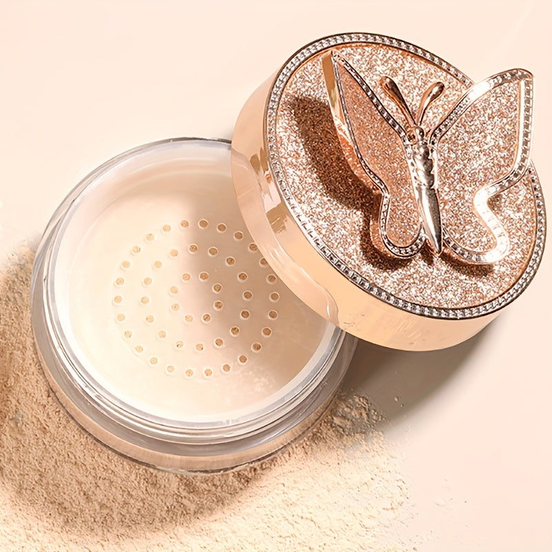 AGAG Butterfly-Themed Loose Powder - Lightweight, Oil-Control, Waterproof & Sweatproof Concealer - Invisible Pore Minimizing, Natural Finish for All Skin Types - Sparkling Rose Golden Container