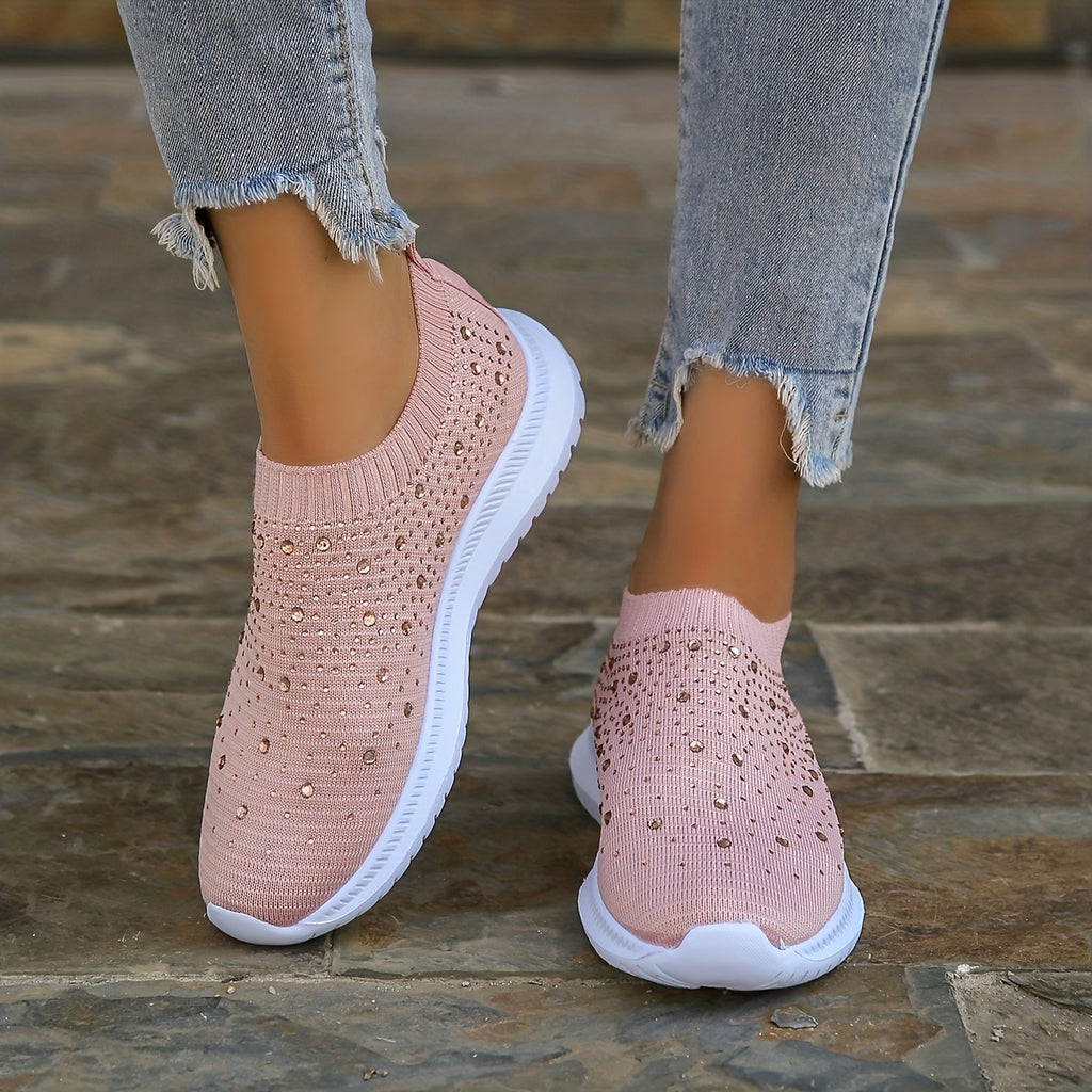 Women's Rhinestone Decor Slip-on Sneakers, Fly Woven Sports Shoes, Breathable Low Top Walking Shoes For Music Festival