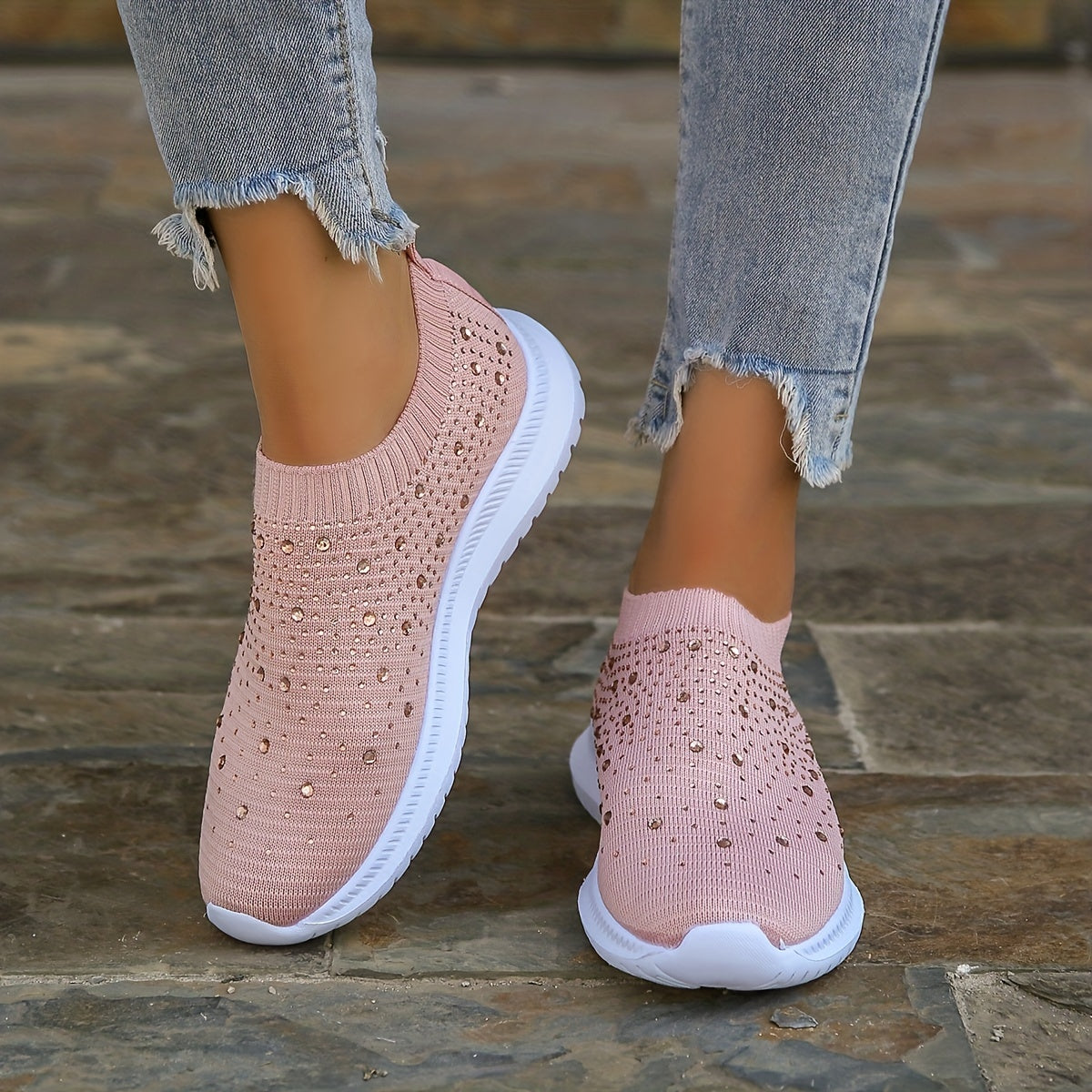 Women's Rhinestone Decor Slip-on Sneakers, Fly Woven Sports Shoes, Breathable Low Top Walking Shoes For Music Festival
