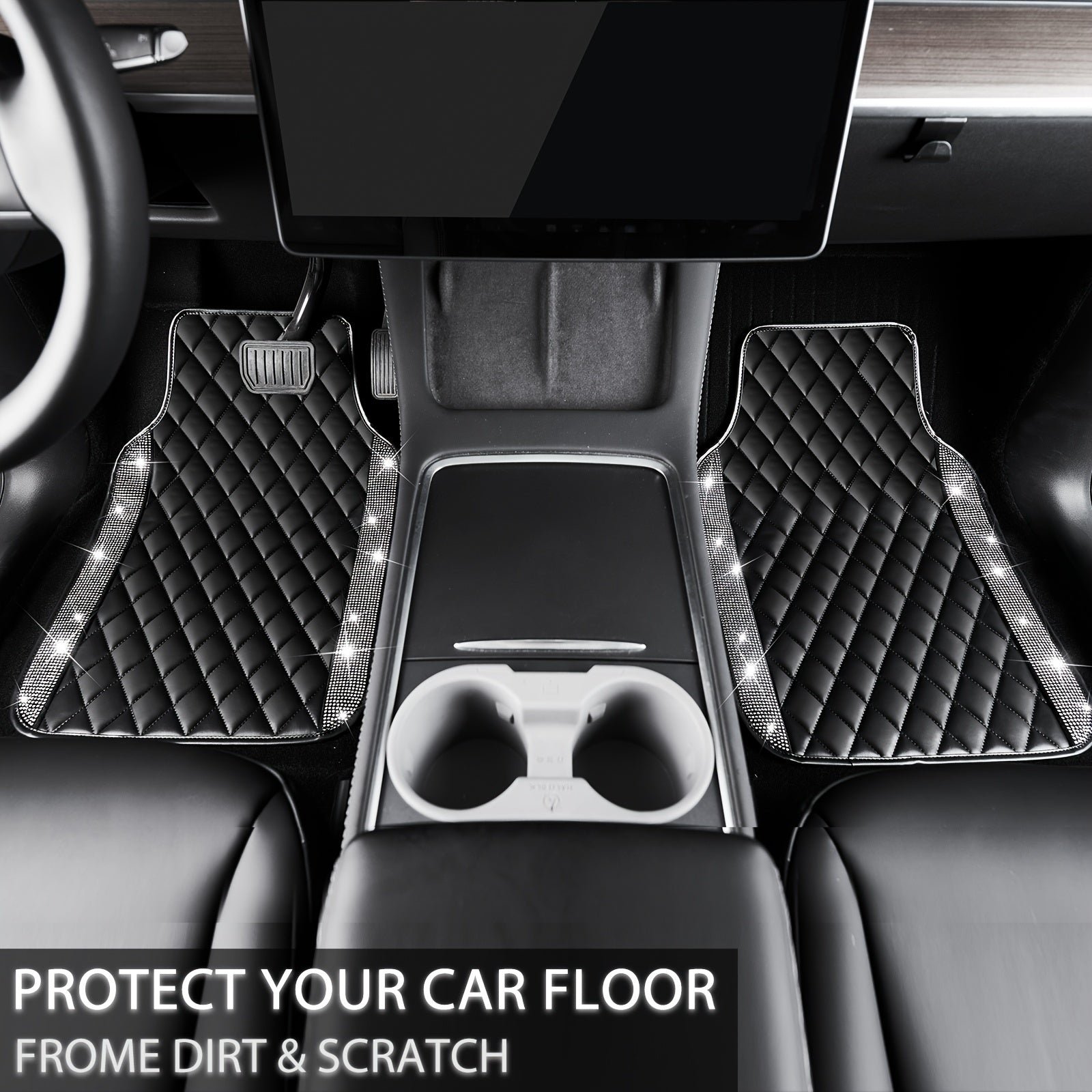 5 Pcs Bling Car Mats - Shining Artificial Diamond, Crystal Rhinestone, Sparkly Glitter Carpet, Anti-Slip, Waterproof, Universal Fit for Automotive SUV, Sedan, Van, Ideal for Girl and Women