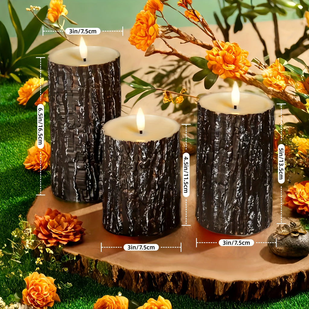 3pcs Rustic Wooden Flameless Candle Set - Artificial Tree Design, Battery Operated, Festive Tabletop Decor for Wedding, Easter, Mother'S Day, Fireplace Mantel, No Battery Included, Seasonal Celebration Decor | Natural Wood Fi