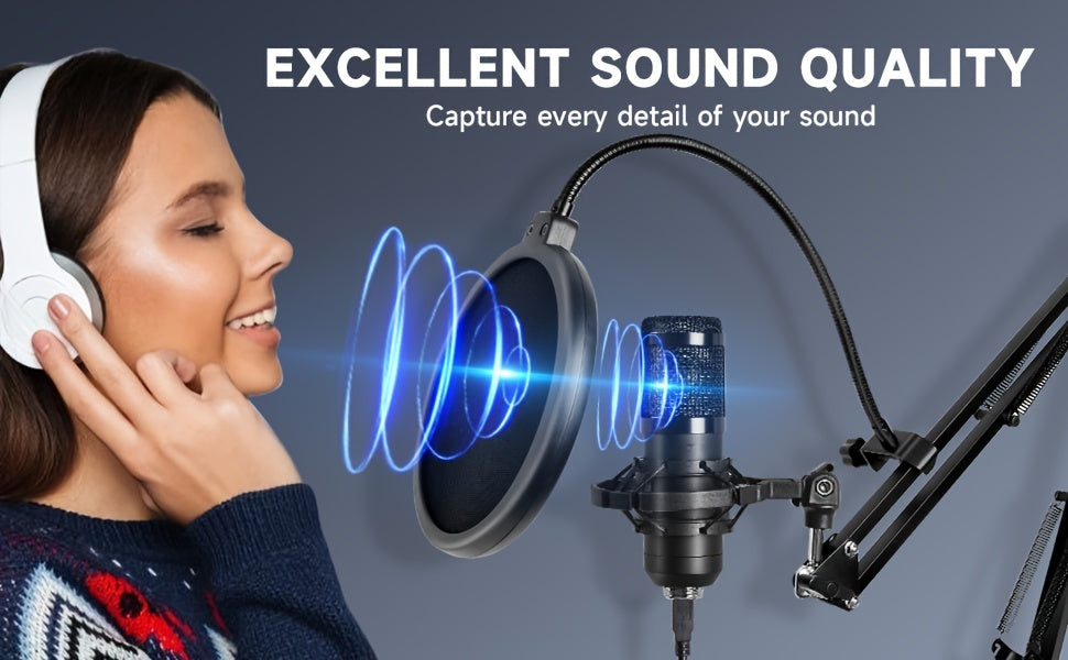USB Microphone, Professional 192kHz/24Bit Plug & Play PC Computer Condenser Cardioid Mic Kit with Sound Advanced Chipset, for Streaming, Podcast, Studio Recording and Games