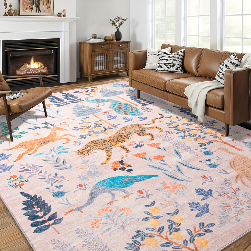 Chakme Jungle Animal Area Mat - 5x7ft Soft, Anti-Slip, Machine Washable Polyester Blend for Living Room, Bedroom, or Daycare - Vibrant Tiger & Jungle Design, Light Green Background, Perfect for Cozy Spaces, Bedroom Mat | Jung