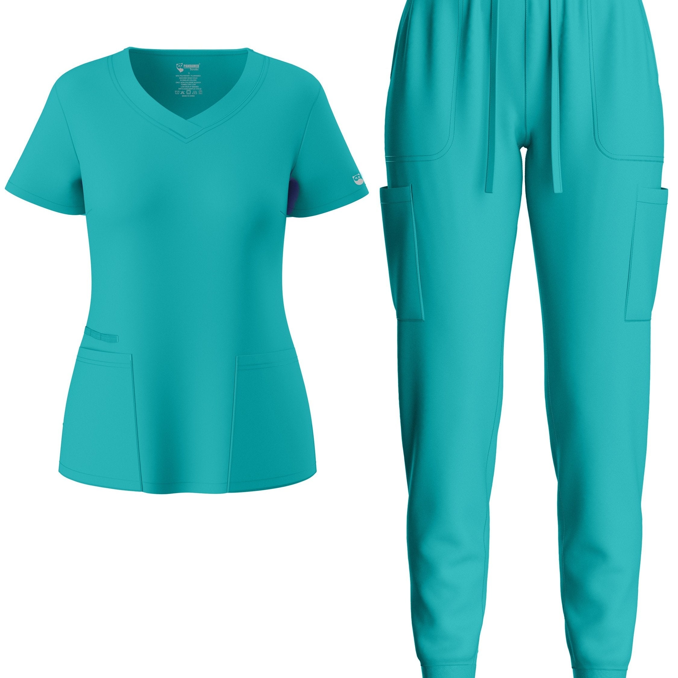 two-piece Elegant Two-Piece Scrub Set for Women: Short Sleeve V Neck Top & Drawstring Pants