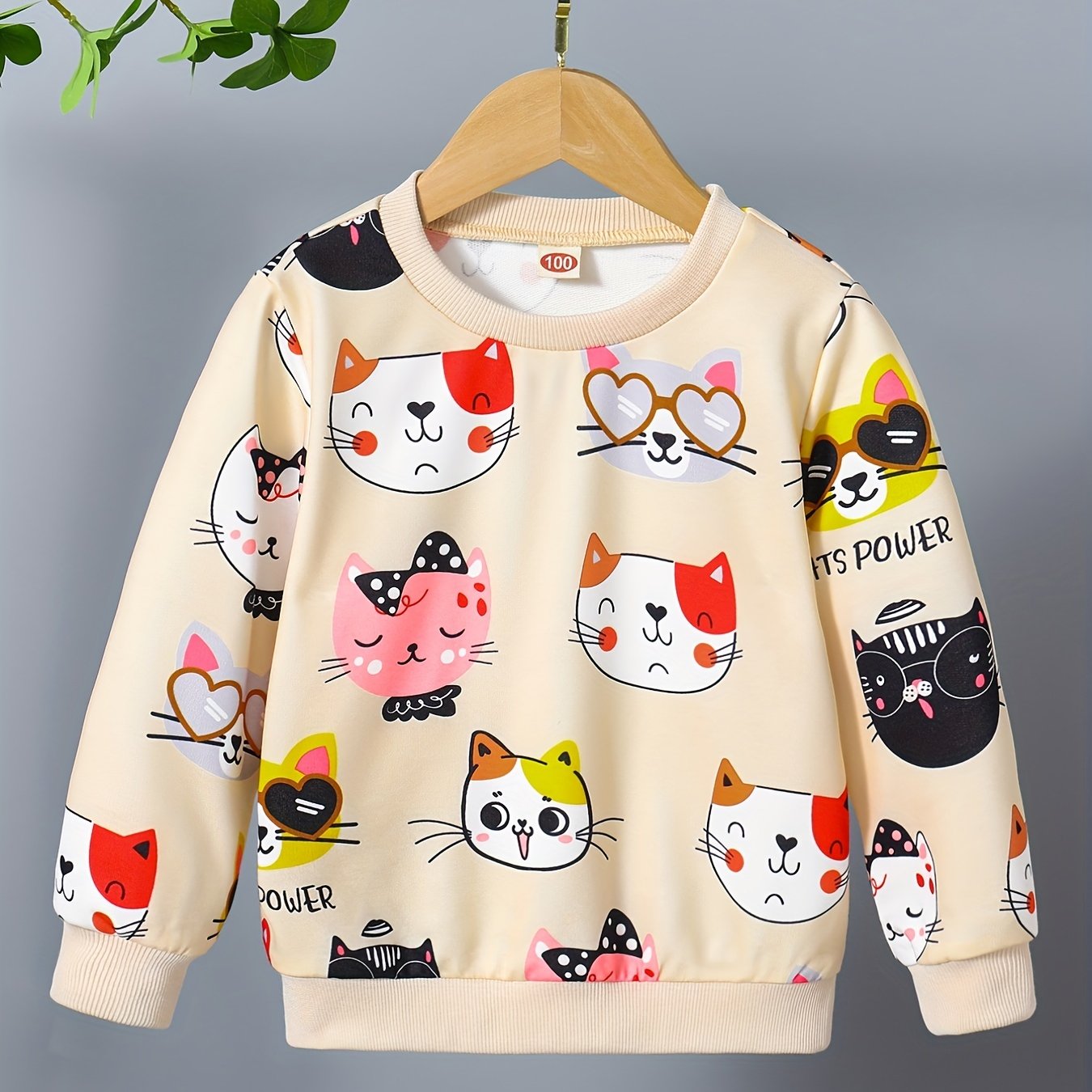 Girls' Cute Cat Print Sweatshirt - Pastel Pink with & Cat Design, Soft Round Neck Long Sleeve Top for Everyday & Special Occasions