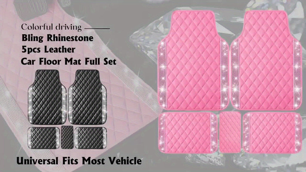 Bling PU Leather Car Mats Shining Diamond Floor Mats Crystal Rhinestone Sparkly Glitter Carpet Anti-Slip Waterproof Pad Universal Fit Automotive SUV, Sedan, Van, 5pcs Girl Women, Pink